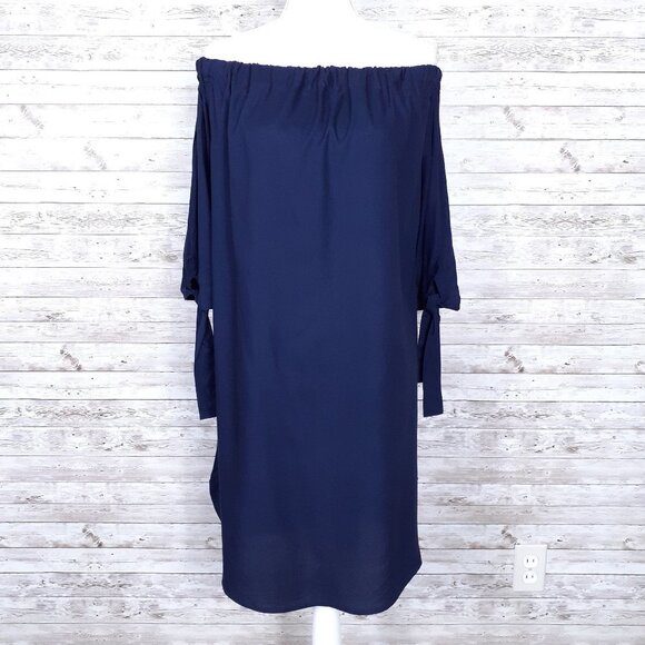 VENUS Dresses & Skirts - Venus Off Shoulder Shift Dress L Navy Short Sleeve 46A